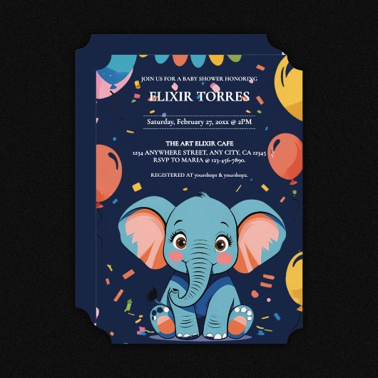 Invitation Baby shower Blue Baby Elephant Party