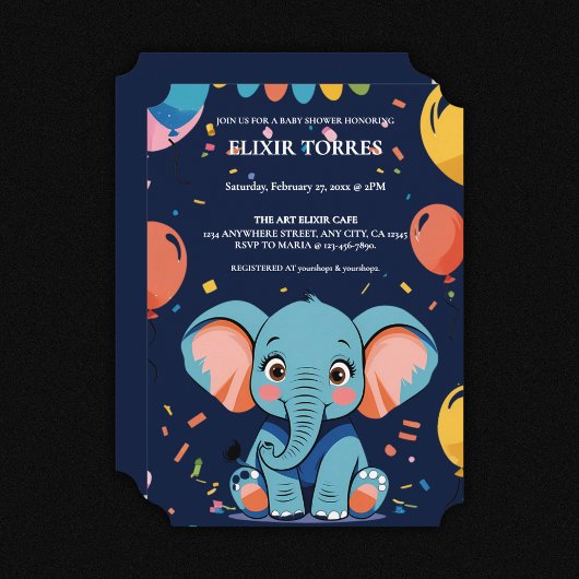 Invitation Baby shower Blue Baby Elephant Party