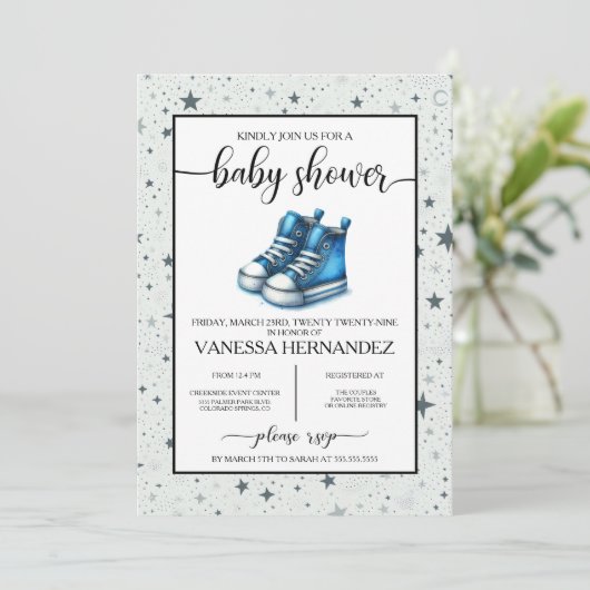 Invitation Baby shower Blue Baby High Tops (Debout devant)