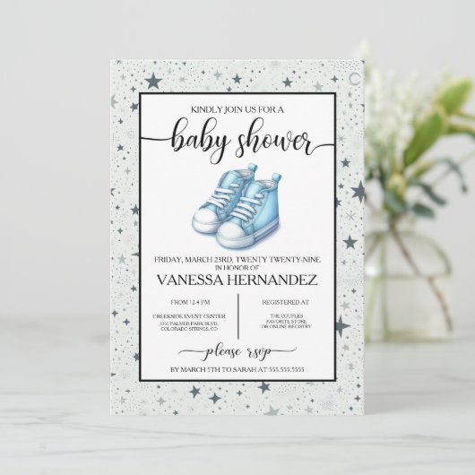 Invitation Baby shower Blue Baby High Tops (Debout devant)