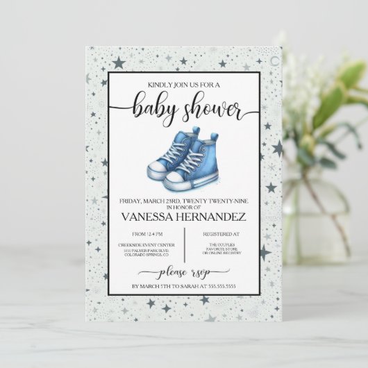 Invitation Baby shower Blue Baby High Tops (Debout devant)
