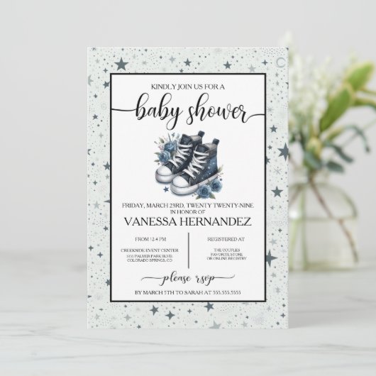 Invitation Baby shower Blue Baby High Tops de Navy (Debout devant)