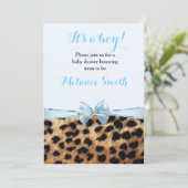 Invitation Baby shower Blue Bow Cheetah Leopard Boy Invitatio (Debout devant)