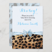Invitation Baby shower Blue Bow Cheetah Leopard Boy Invitatio (Devant / Derrière)