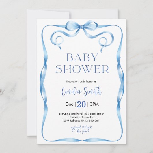Invitation Baby shower Blue Boy Bow (Devant)