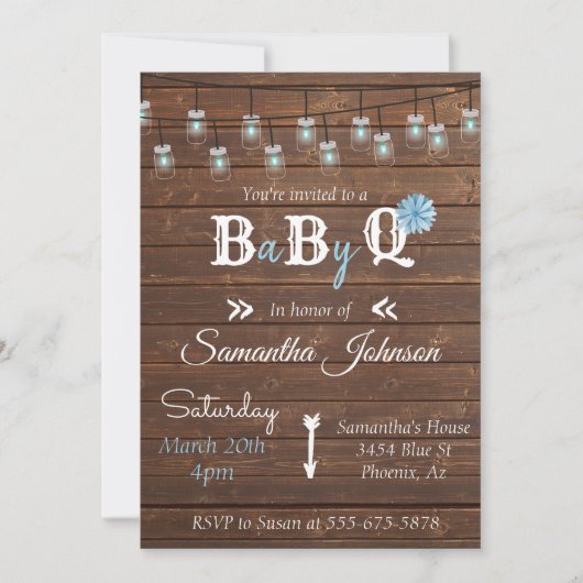 Invitation Baby shower Blue Boy Party BBBQ Rustique Bois (Devant)