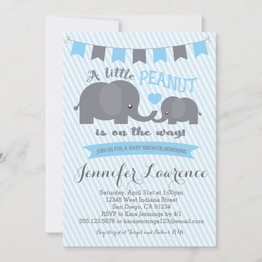 Invitation Baby shower Blue Boy Peanut Elephant (Devant)