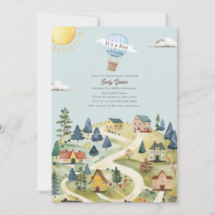 Invitation Baby shower Blue Boy Village de Hot Air Balloon