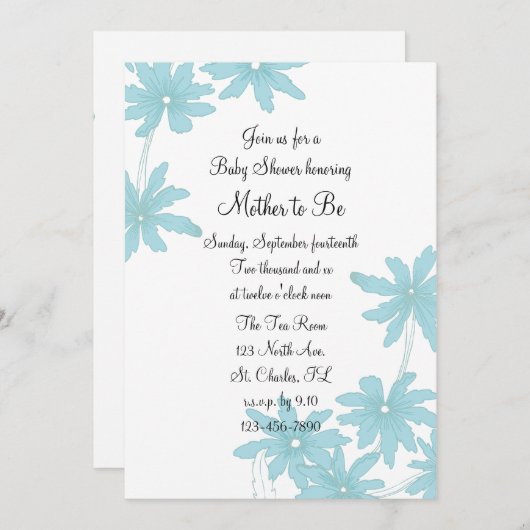 Invitation Baby shower Blue Daisies (Devant / Derrière)
