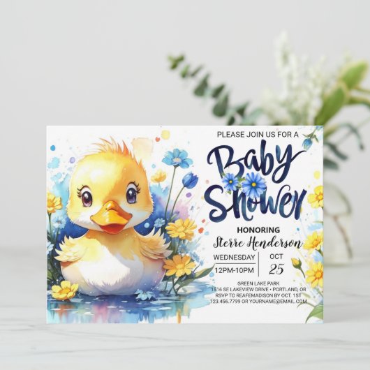 Invitation Baby shower Blue Duckling (Debout devant)