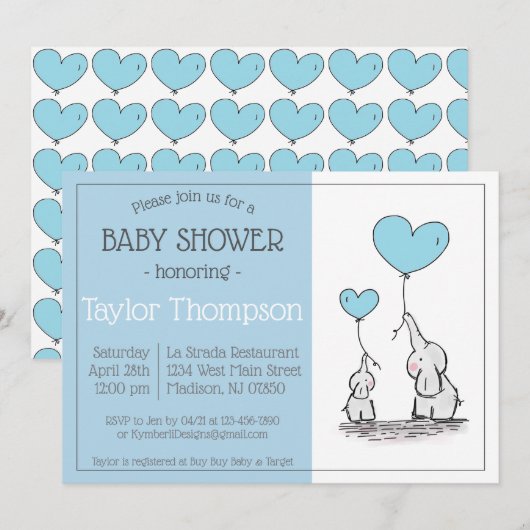 Invitation Baby shower Blue Elephant (Devant / Derrière)