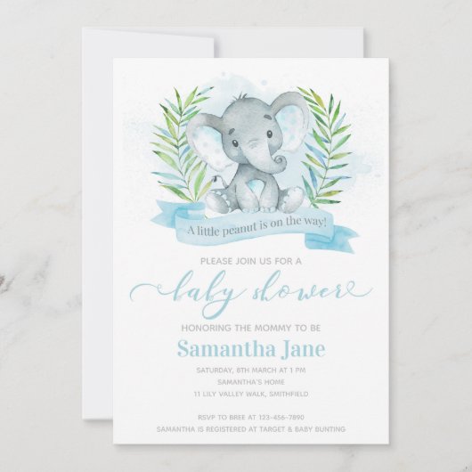Invitation Baby shower Blue Elephant (Devant)