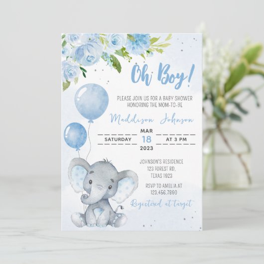 Invitation Baby shower Blue Elephant (Debout devant)