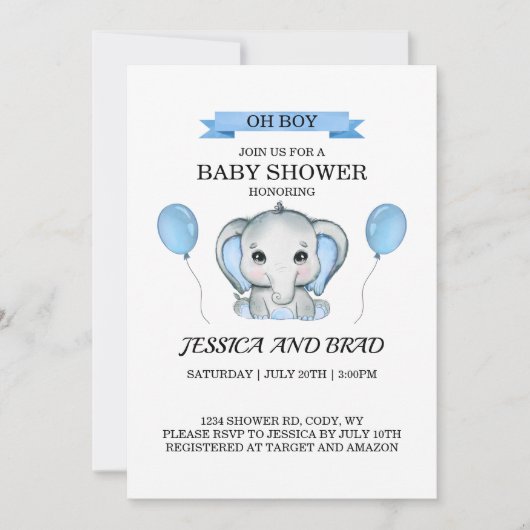 Invitation baby shower Blue Elephant (Devant)