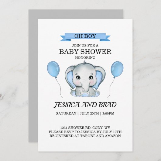Invitation baby shower Blue Elephant (Devant / Derrière)