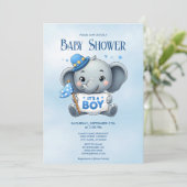 Invitation Baby shower Blue Elephant (Debout devant)