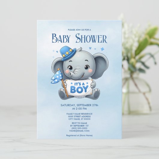 Invitation Baby shower Blue Elephant (Debout devant)