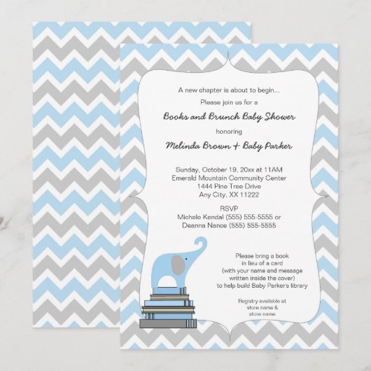 Invitation Baby shower Blue Elephant Book, livres et brunch (Devant / Derrière)