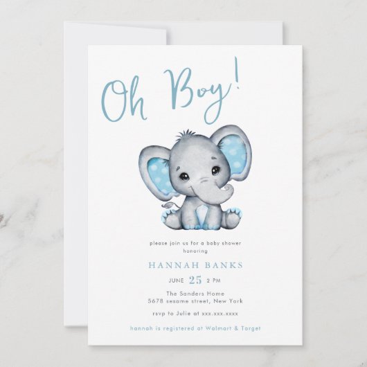 Invitation Baby shower Blue Elephant Boy (Devant)