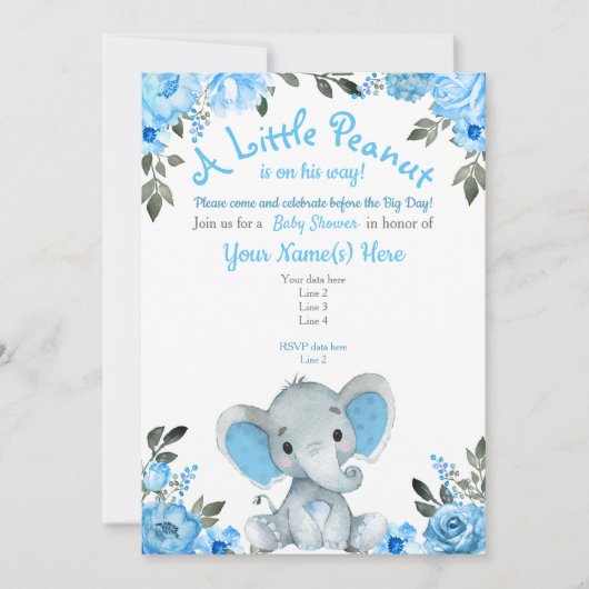 Invitation Baby shower Blue Elephant, Floral Boy (Devant)