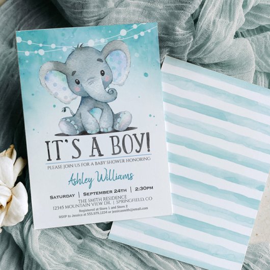Invitation Baby shower Blue Elephant Invitation, garçon