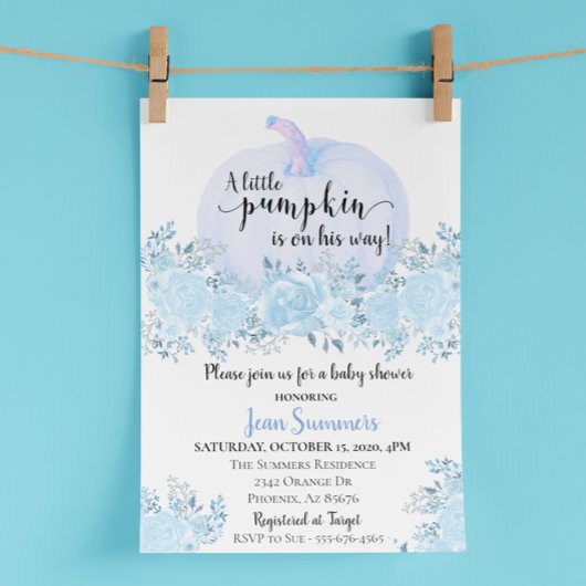 Invitation Baby shower Blue Floral Boy Citrouille Automne Aut