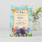 Invitation Baby shower Blue Floral Eléphant (Debout devant)