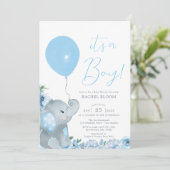Invitation Baby shower Blue Floral Elephant Boy (Debout devant)
