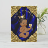 Invitation Baby shower Blue Gold African American Prince (Debout devant)