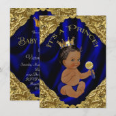 Invitation Baby shower Blue Gold African American Prince (Devant / Derrière)
