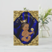 Invitation Baby shower Blue Gold African American Prince (Debout devant)