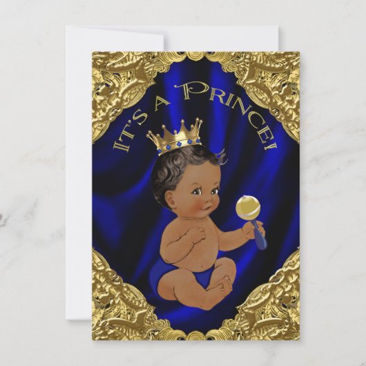 Invitation Baby shower Blue Gold African American Prince (Devant)