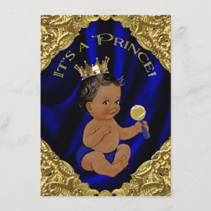 Invitation Baby shower Blue Gold African American Prince