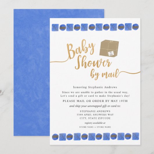 Invitation Baby shower Blue Gold Boy par courrier (Devant / Derrière)