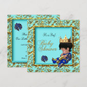 Invitation Baby shower Blue Gold Boy prince de couronne (Devant / Derrière)