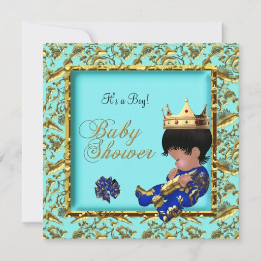 Invitation Baby shower Blue Gold Boy prince de couronne (Devant)