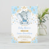 Invitation Baby shower Blue Gold Elephant Little Man (Debout devant)