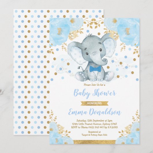 Invitation Baby shower Blue Gold Elephant Little Man (Devant / Derrière)