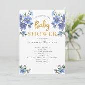 Invitation Baby shower Blue Gold Watercolor Flowers (Debout devant)