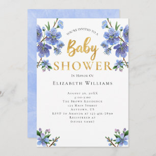 Invitation Baby shower Blue Gold Watercolor Flowers