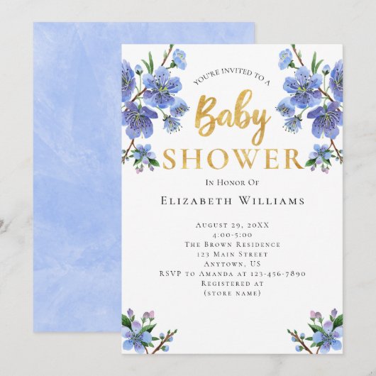 Invitation Baby shower Blue Gold Watercolor Flowers (Devant / Derrière)
