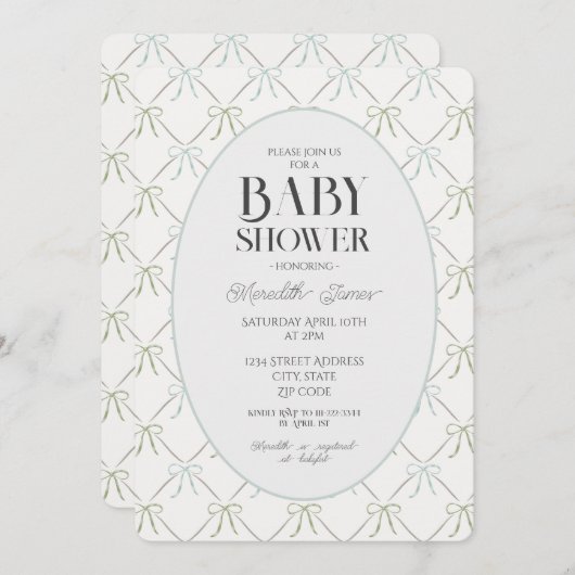 Invitation Baby shower Blue & Green Bows (Devant / Derrière)