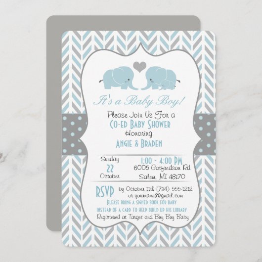 Invitation Baby shower Blue Grey (Devant / Derrière)