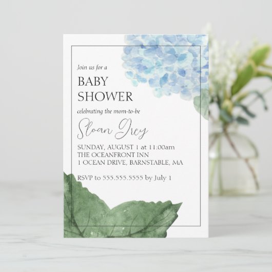 Invitation Baby shower Blue Hydrangea (Debout devant)