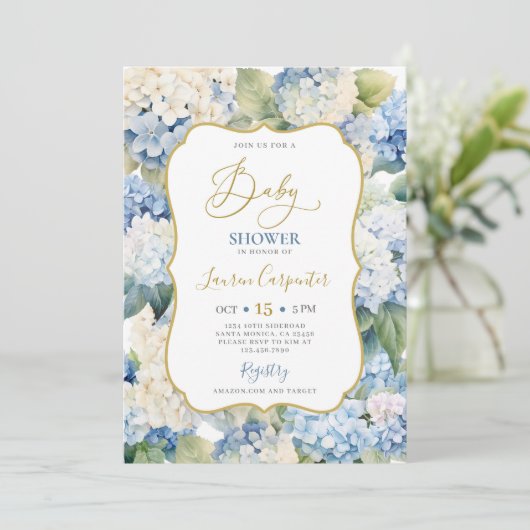 Invitation Baby shower Blue Hydrangea (Debout devant)