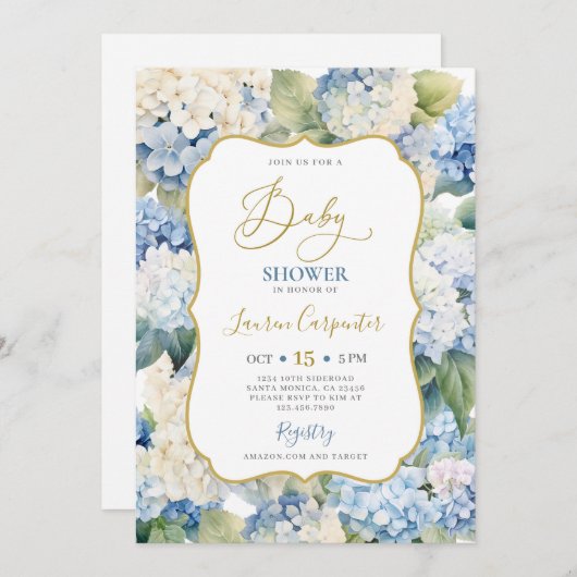Invitation Baby shower Blue Hydrangea (Devant / Derrière)
