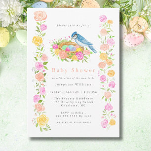 Invitation Baby Shower Blue Jay avec nid d'oiseaux et roses 