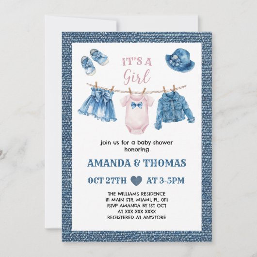 Invitation Baby shower Blue Jean Girl (Devant)