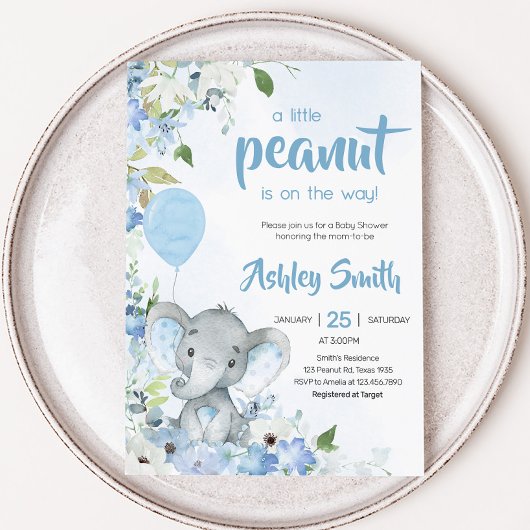 Invitation Baby shower Blue Little Peanut Elephant