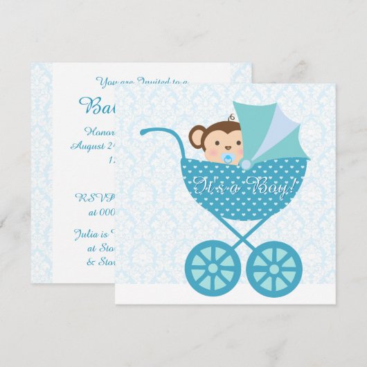 Invitation Baby shower Blue Monkey (Devant / Derrière)